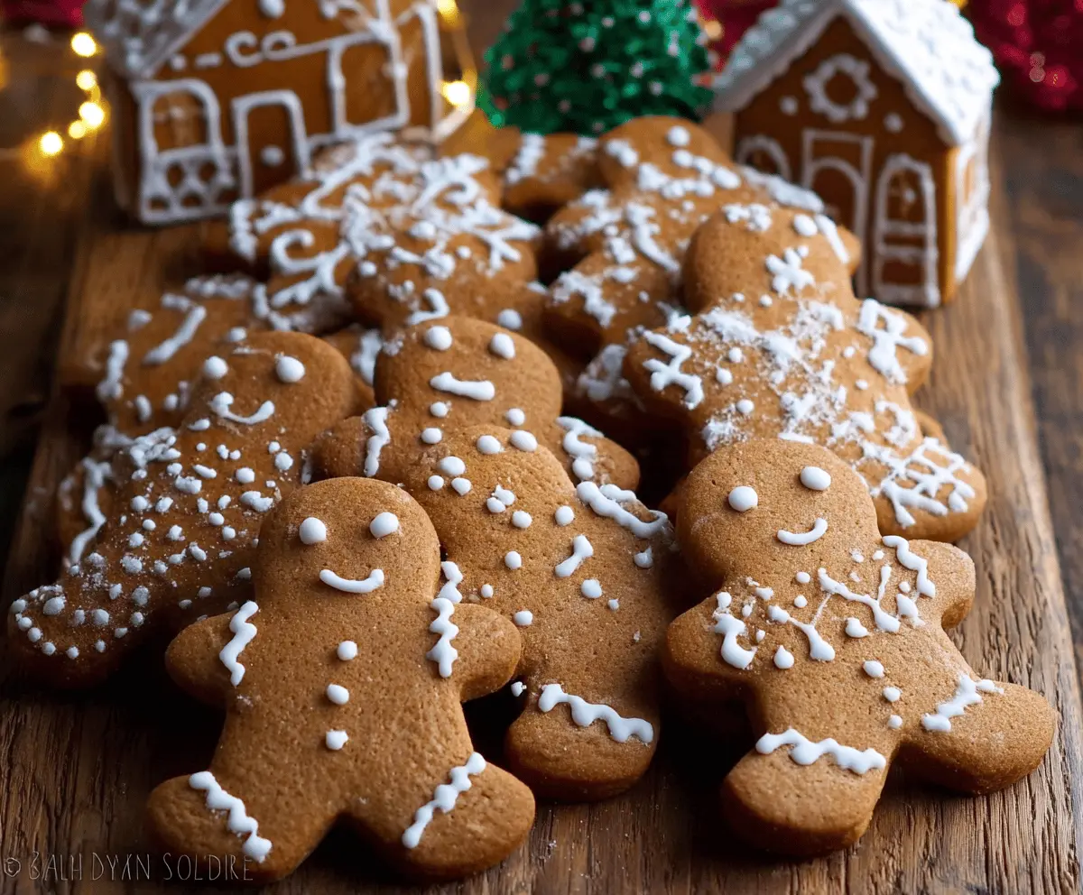 Delicious homemade gingerbread biscuits with festive icing and spices on a holiday plate.