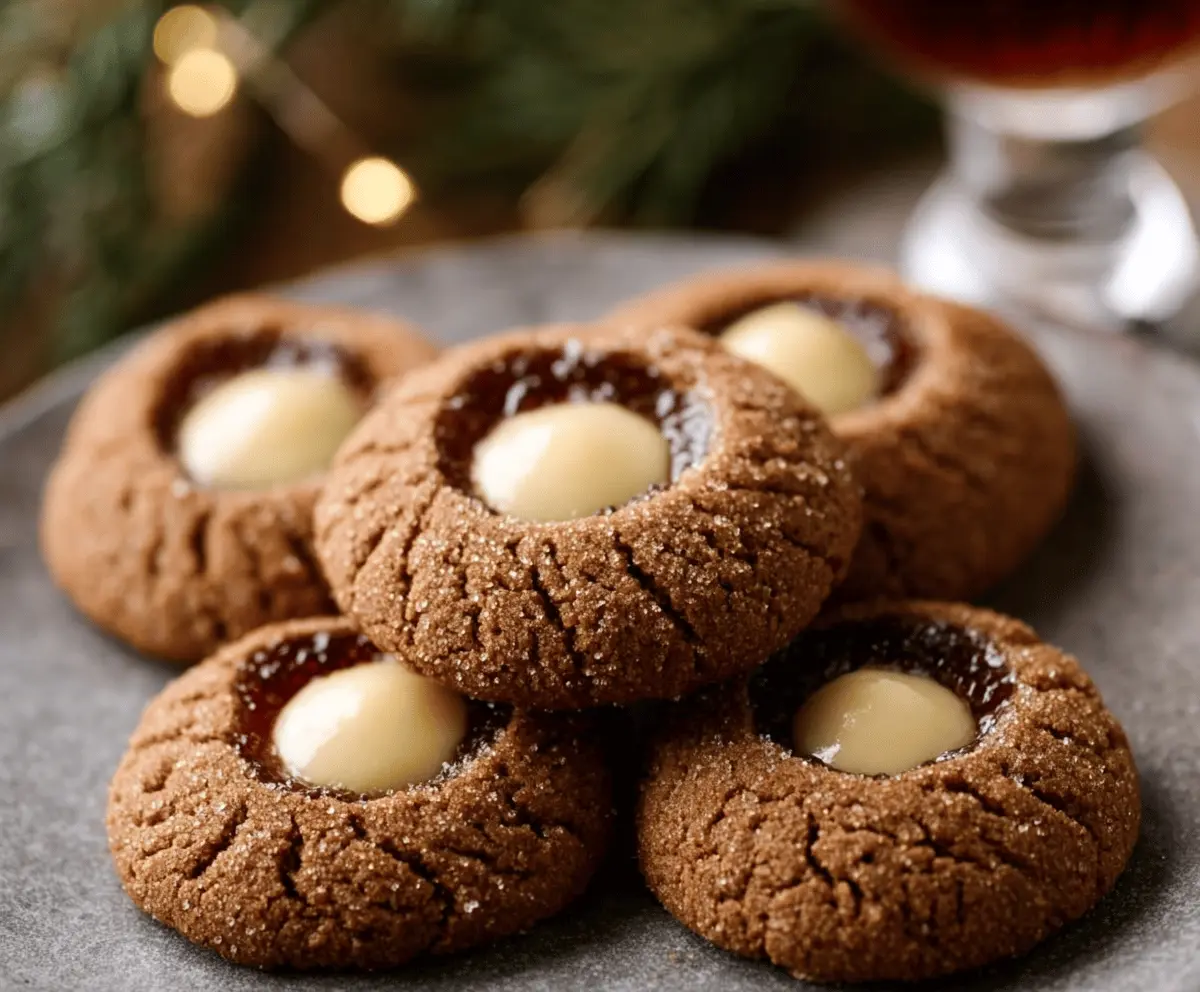Delicious homemade gingerbread thumbprint cookies with jam filling, perfect for holiday treats.