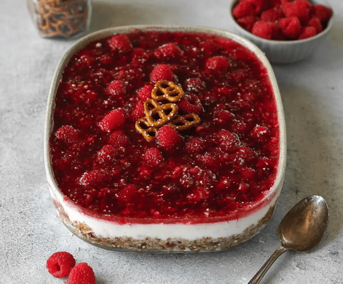 Delicious gluten-free raspberry pretzel salad with fresh berries and crunchy pretzel topping.
