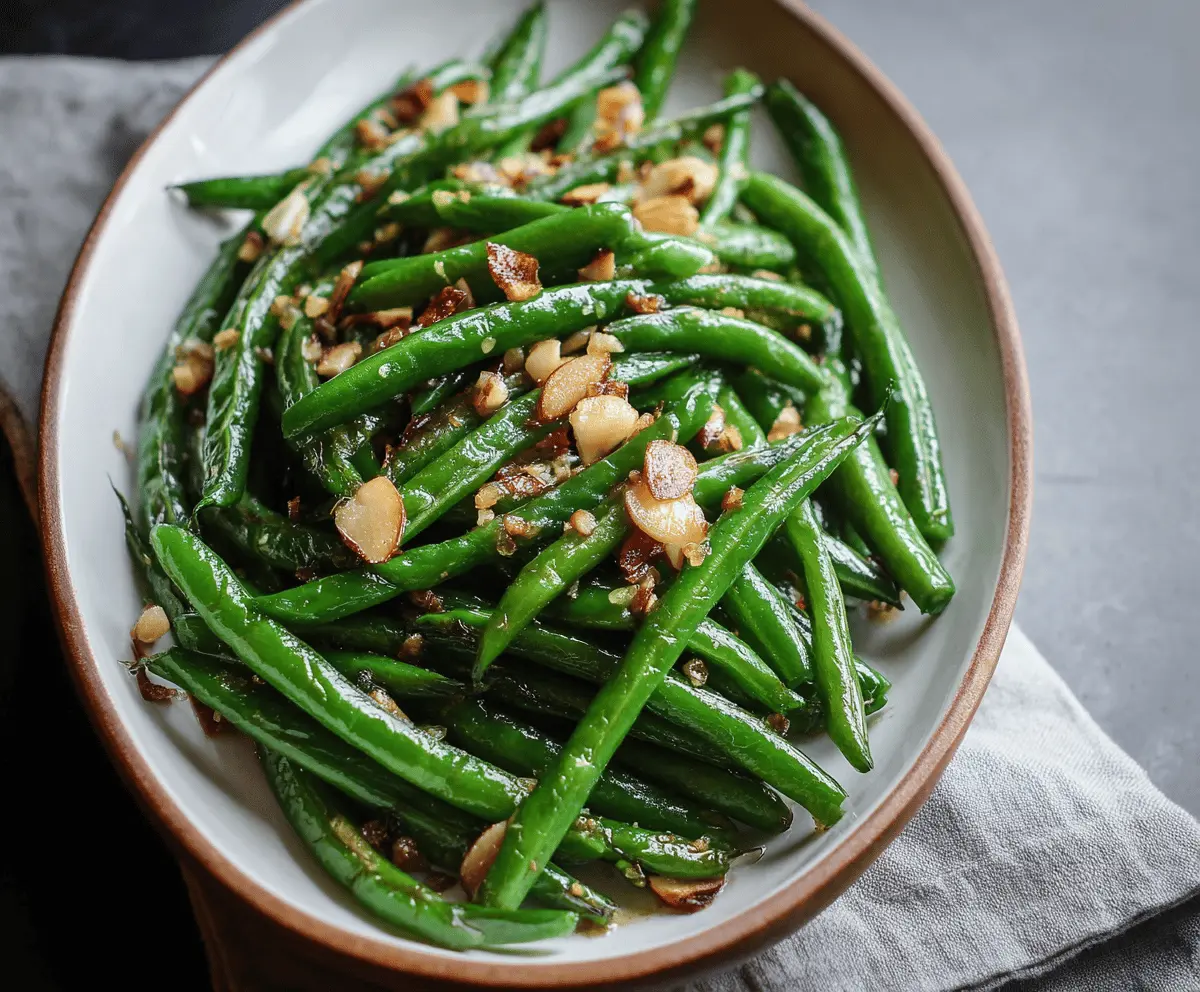 Delicious Green Bean Almondine with toasted almonds and fresh green beans on a white plate.
