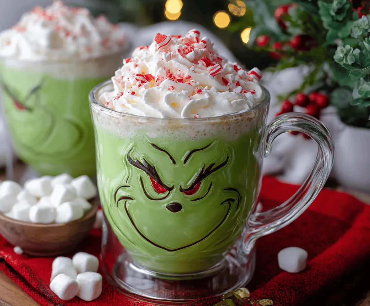 Festive Grinch Hot Chocolate with green whipped cream and holiday sprinkles in a cozy mug