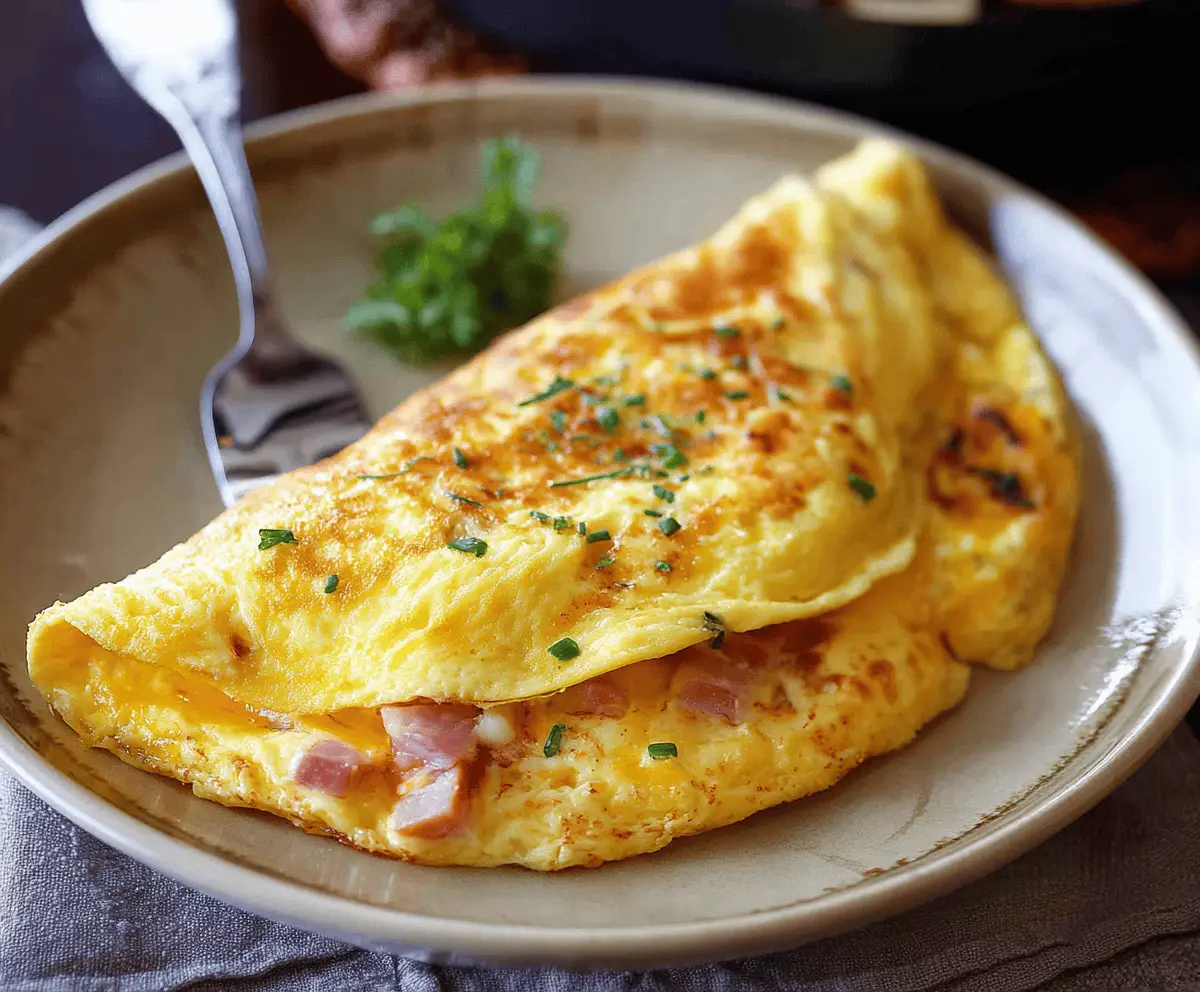 Delicious ham and cheese omelet on a white plate, breakfast recipe with melted cheese and sliced ham