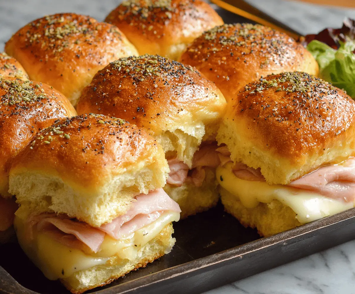Delicious ham and cheese sliders baked to perfection on a serving platter.