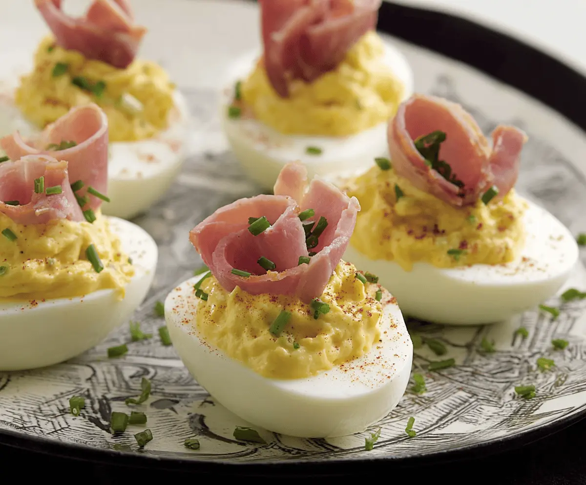 Delicious Ham Deviled Eggs garnished with herbs on a serving platter