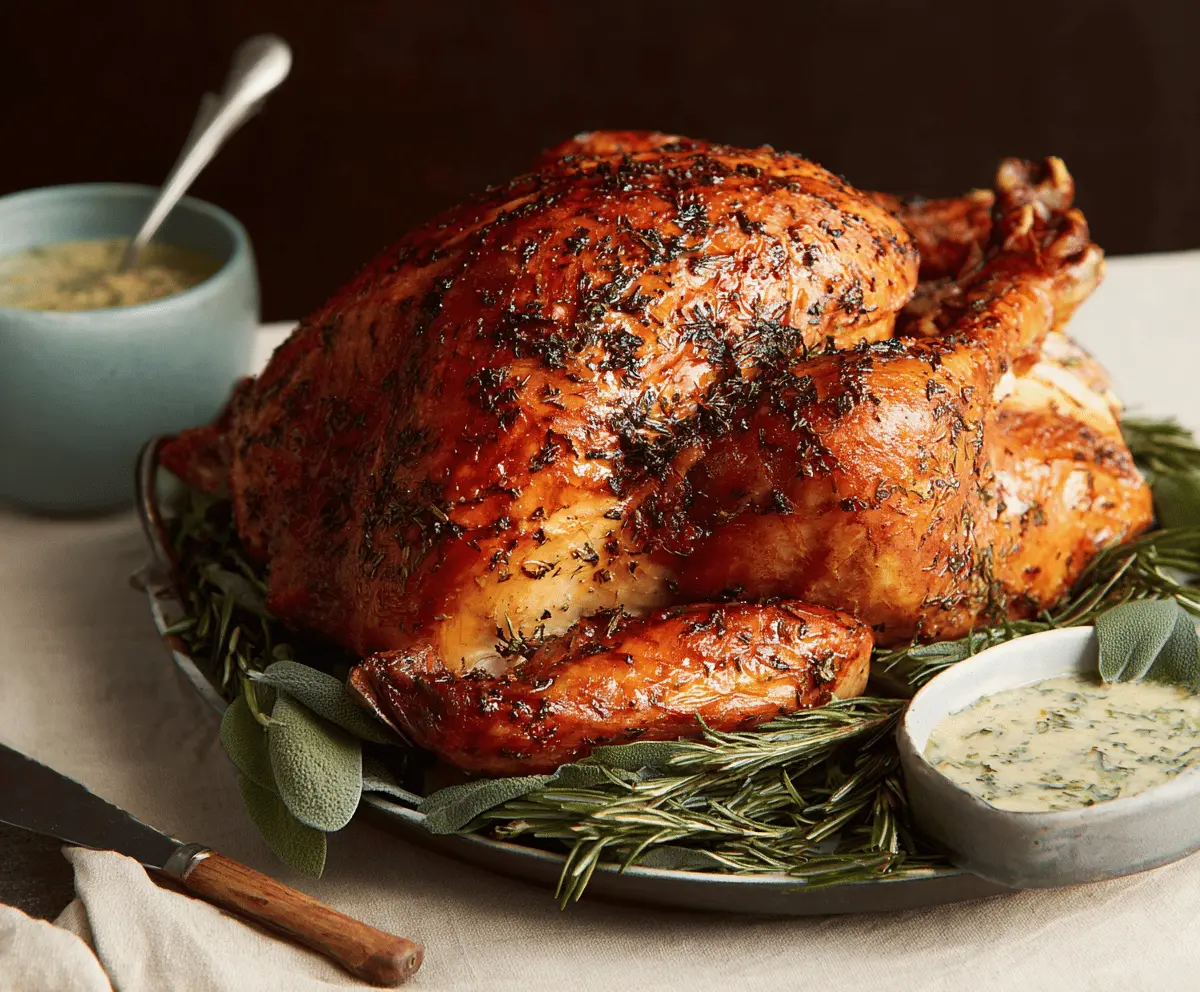 Juicy Herb Butter Roasted Turkey garnished with fresh herbs on a festive platter