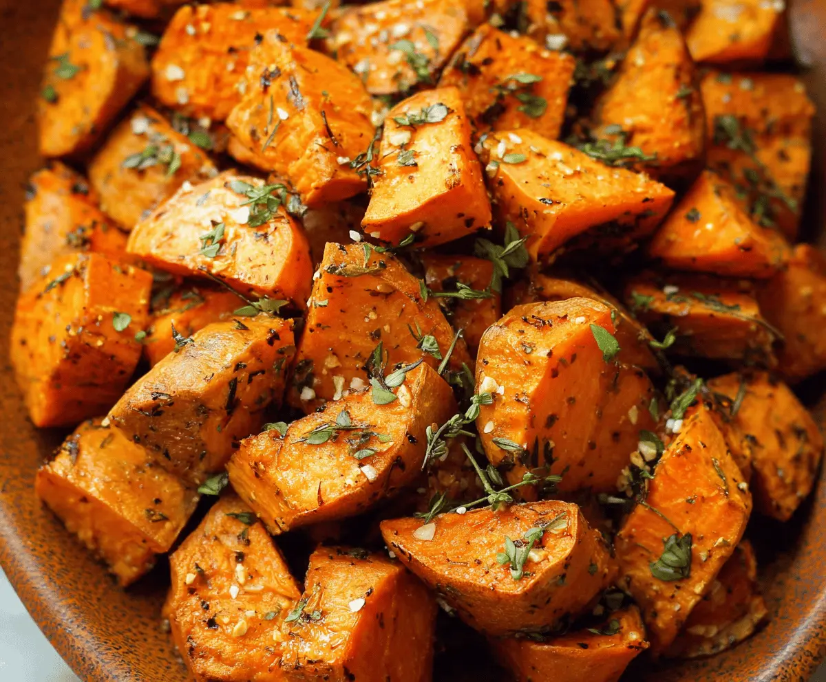 Delicious herb roasted sweet potatoes with fragrant herbs and crispy edges