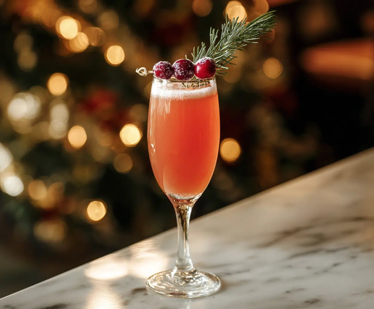 Colorful Holly Jolly Mimosa cocktail garnished with fresh fruit, perfect for holiday celebrations
