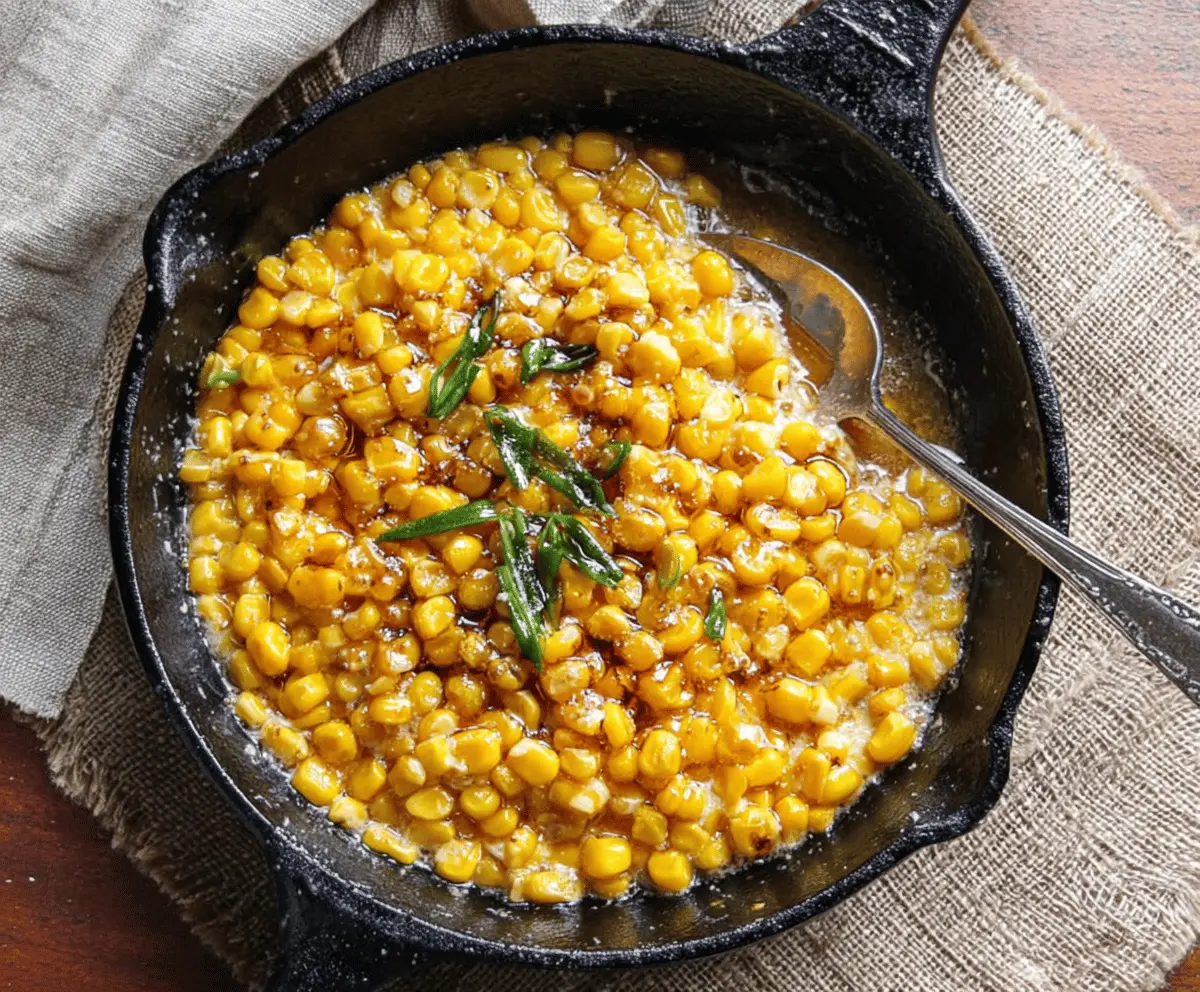Delicious Honey Butter Skillet Corn served in a rustic bowl, garnished with fresh herbs.
