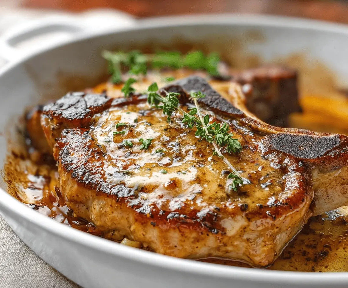 Juicy honey mustard glazed pork chops served on a plate with fresh herbs.