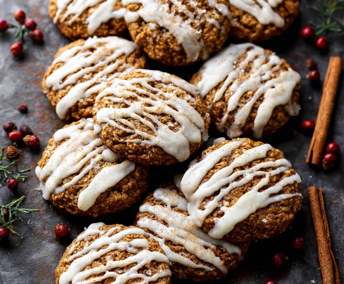 Delicious iced gingerbread oatmeal cookies on a plate, perfect for holiday treats.