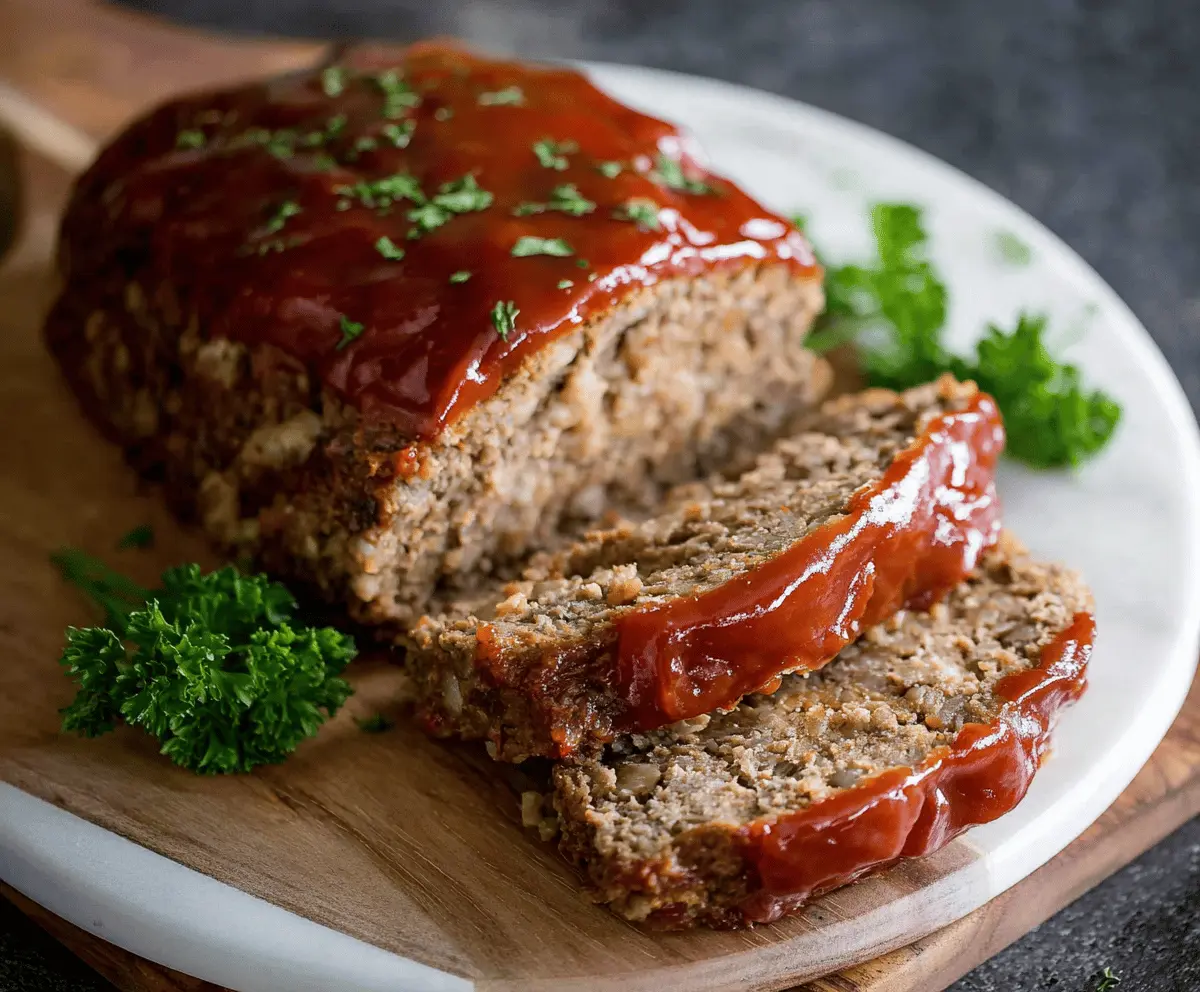 Delicious homemade Instant Pot meatloaf served on a plate with vegetables.
