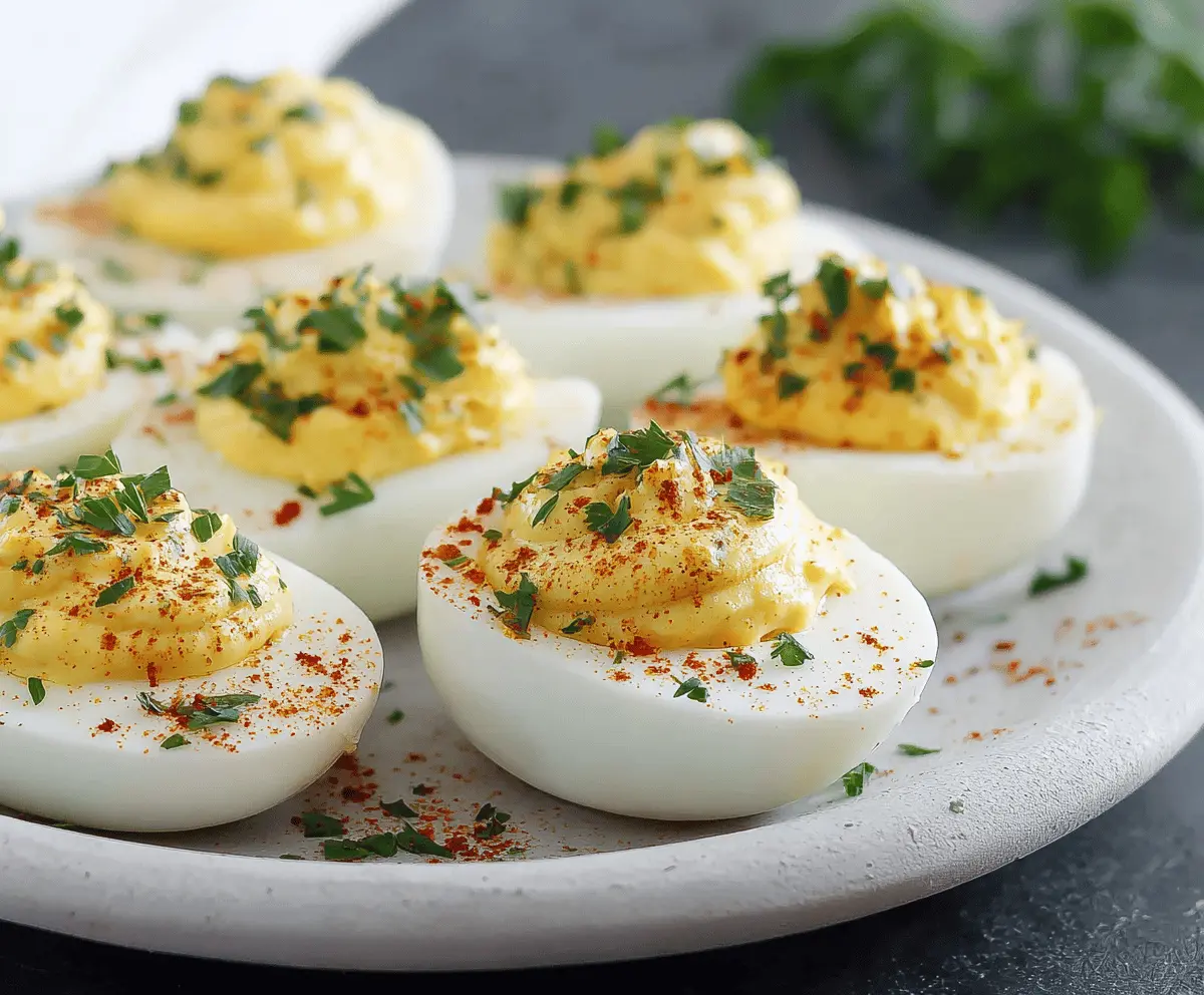 Keto deviled eggs garnished with paprika and fresh herbs on a white plate, low-carb appetizer for health-conscious diets.