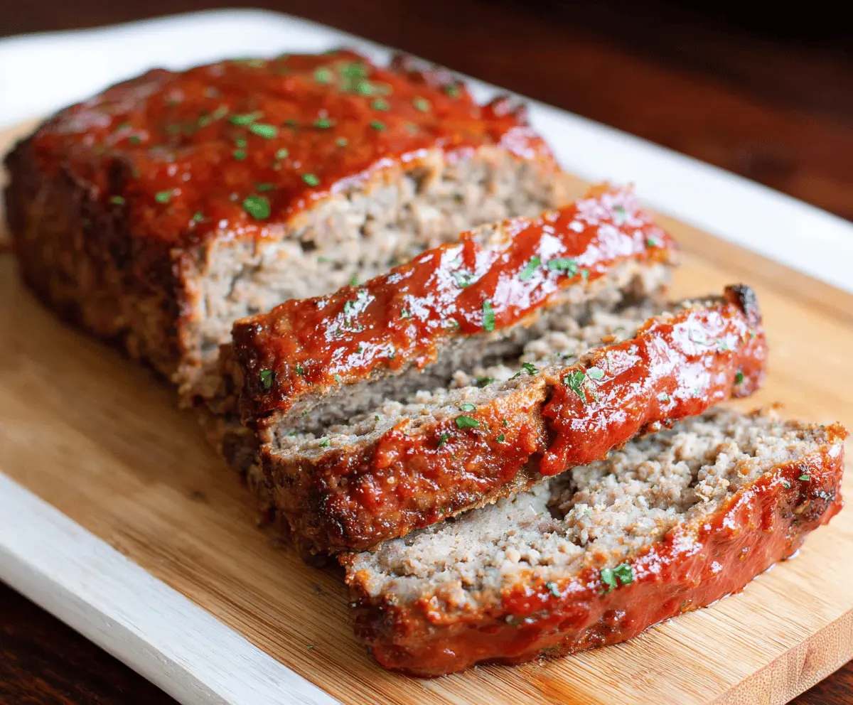 Delicious homemade keto meatloaf served on a plate with fresh herbs.