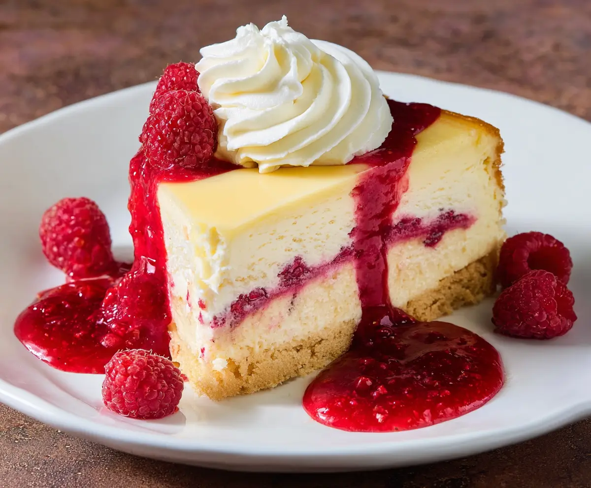 Delicious Lemon Raspberry Cream Cheesecake with fresh berries and creamy topping
