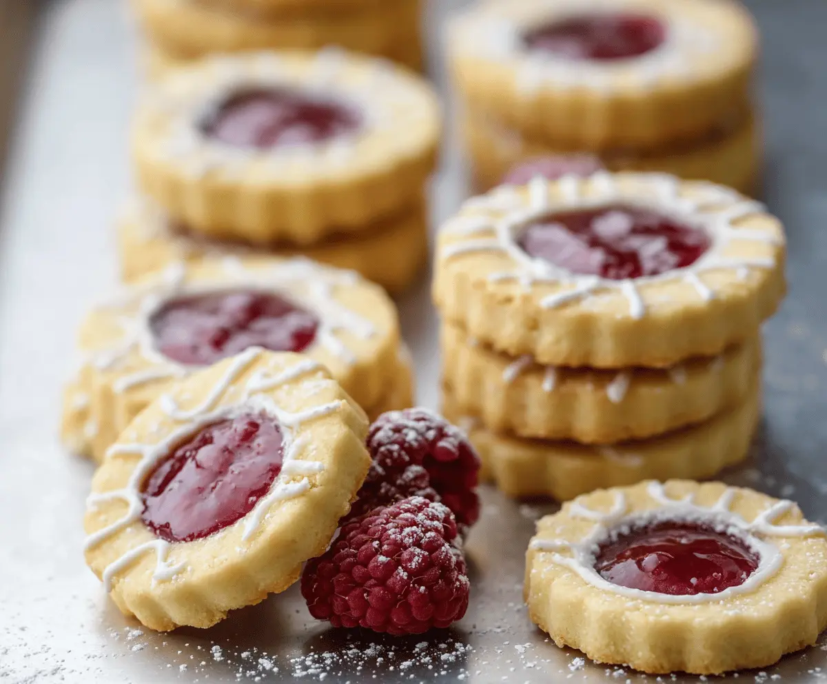 Delicious Lemon Raspberry Shortbread Cookies garnished with fresh raspberries and lemon zest.