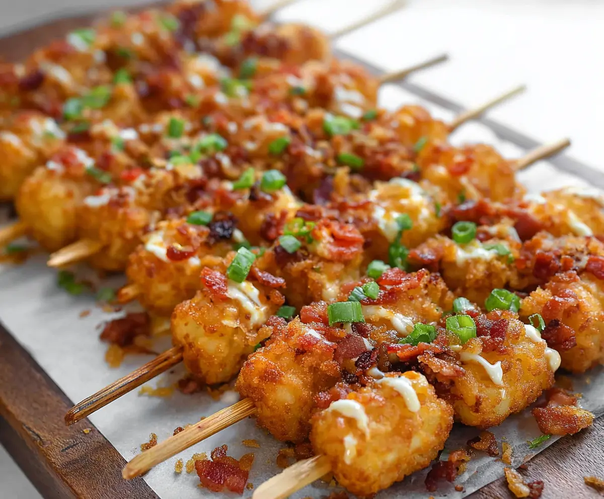 Loaded Tater Tot Skewers topped with cheese, bacon, and savory herbs on a rustic plate.