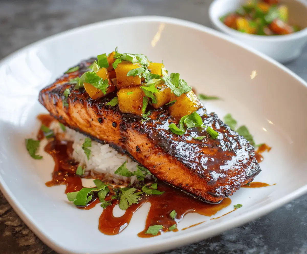 Delicious Mango Teriyaki Salmon served with fresh mango slices and vibrant vegetables for a healthy meal.