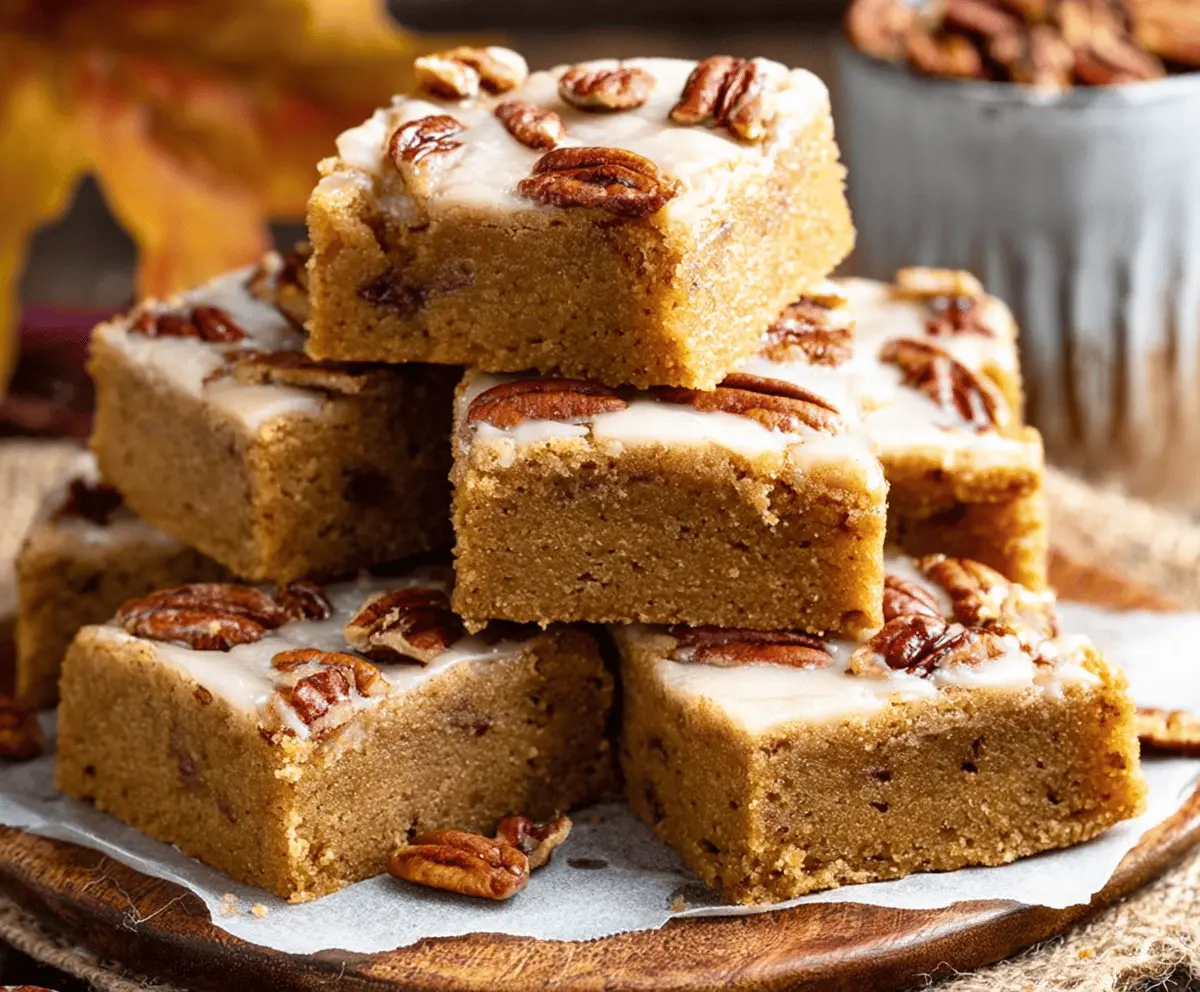 Delicious maple pecan blondies with a golden-brown top and crunchy pecan pieces.