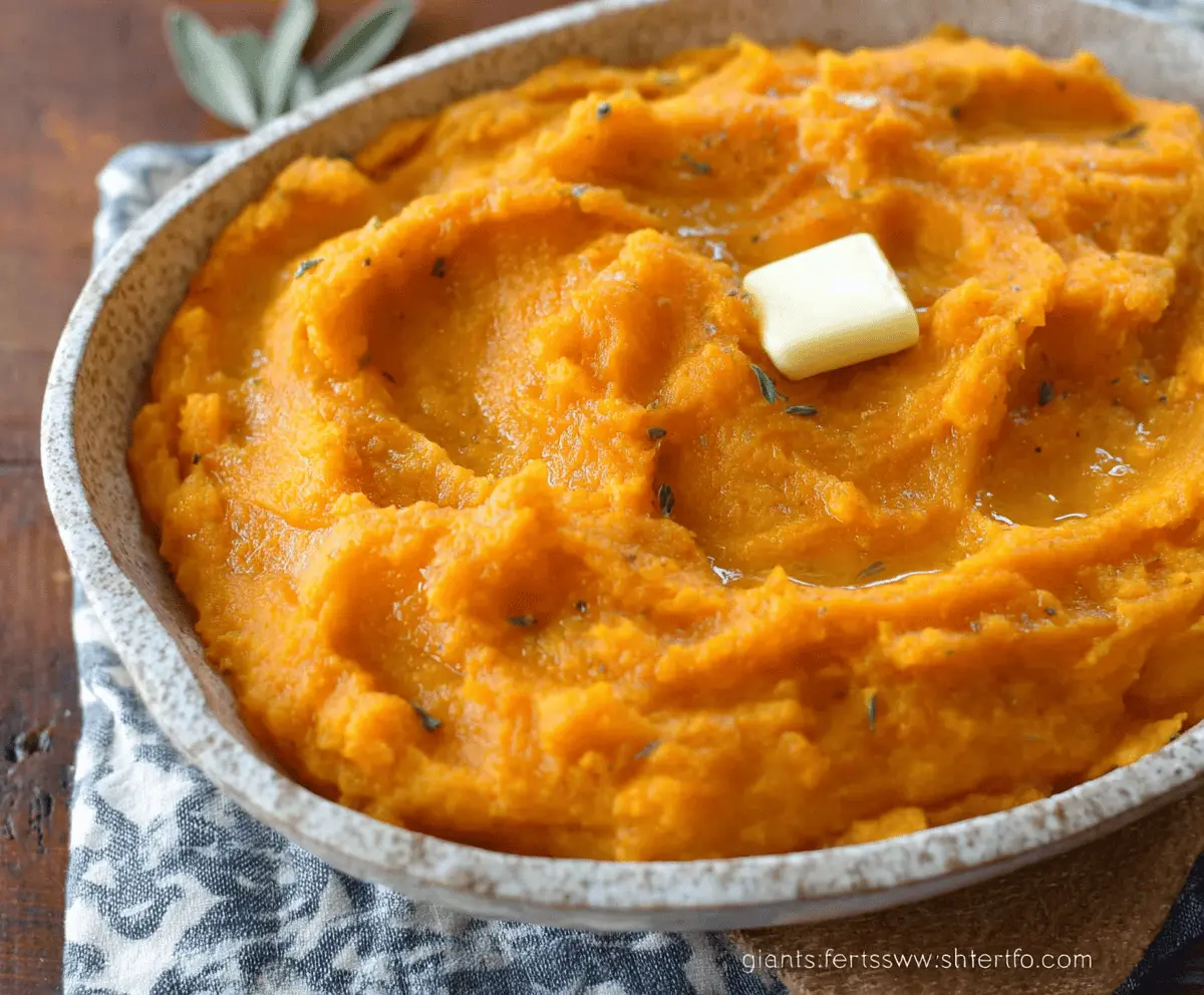 Creamy mashed butternut squash finished with a sprinkle of herbs for a healthy side dish.
