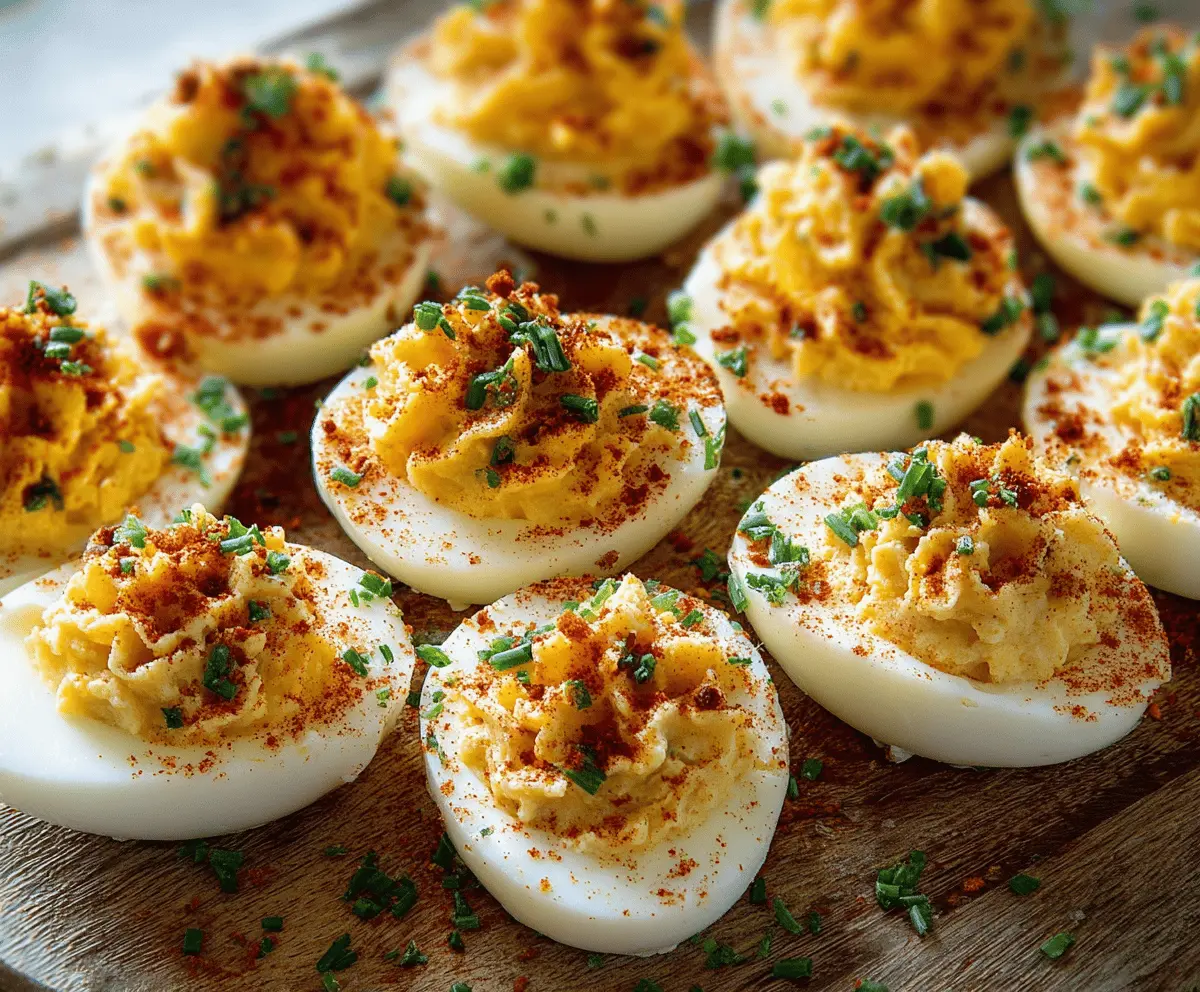 Delicious Million Dollar Deviled Eggs garnished with paprika and fresh herbs on a white plate