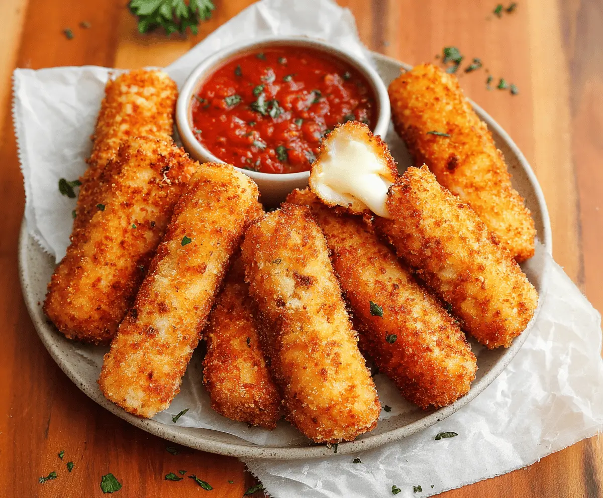 Crispy mozzarella sticks with melted cheese inside, served with marinara sauce for dipping.