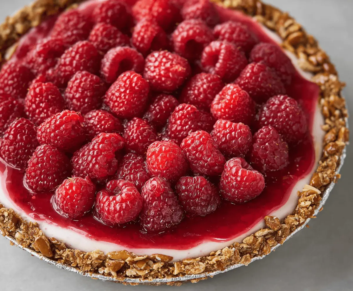 Delicious No-Bake Raspberry Pretzel Pie with fresh raspberries and crunchy pretzel crust.
