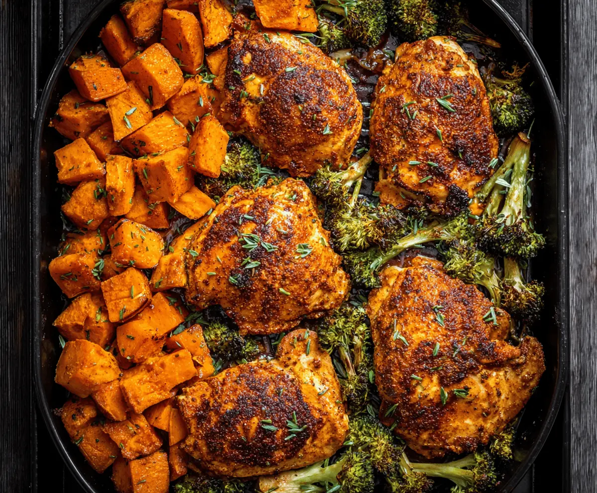 Delicious One Pan Chicken with Sweet Potatoes served on a plate, perfect for a healthy dinner.