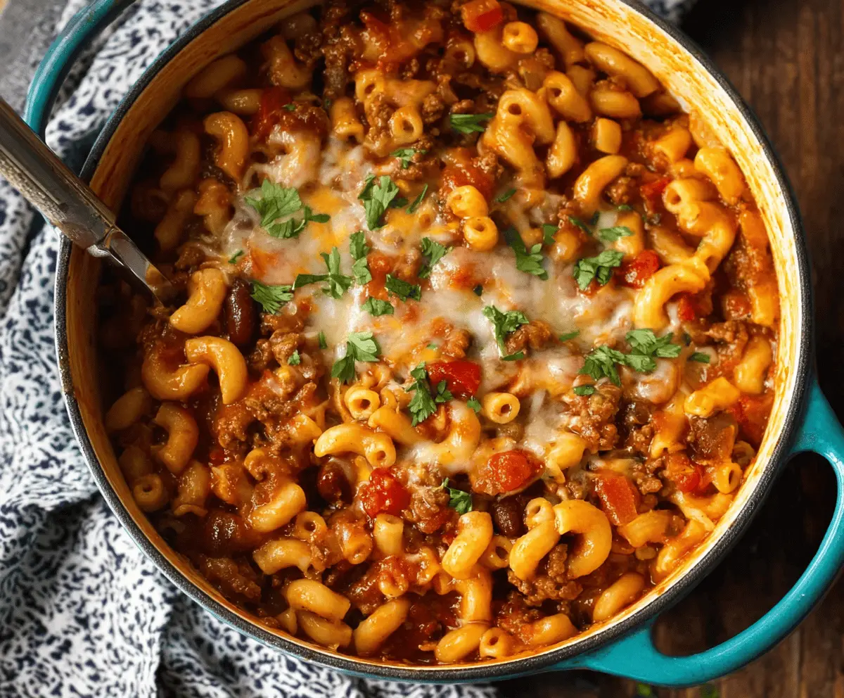 Delicious One Pot Chili Mac and Cheese served in a bowl, showcasing creamy cheese and hearty chili for a comforting meal.