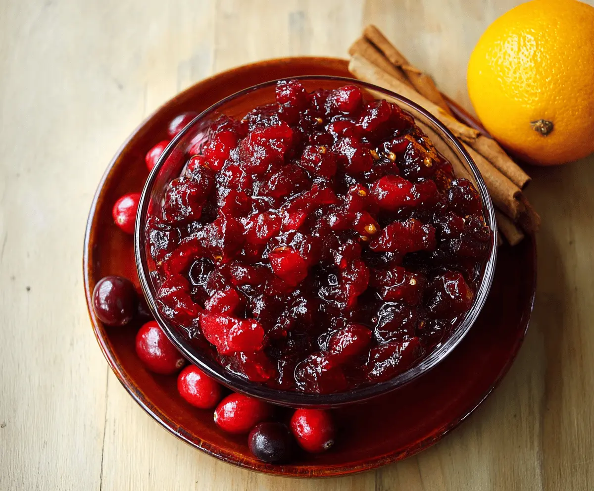 Bright orange cinnamon cranberry sauce in a glass bowl, garnished with fresh cranberries and orange slices.