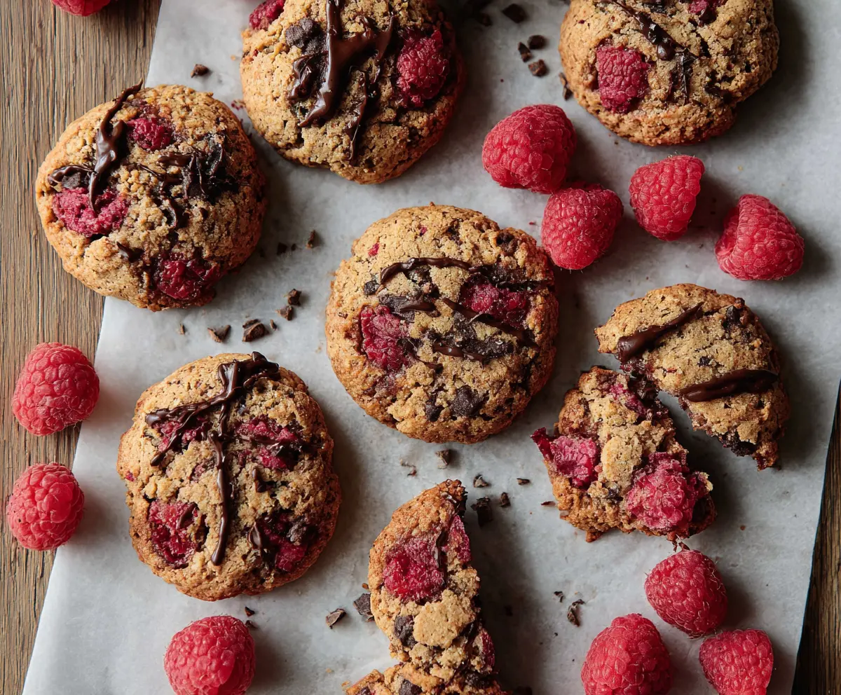Delicious Paleo Raspberry Cookies on a white plate, showcasing fresh berries and golden-brown edges.