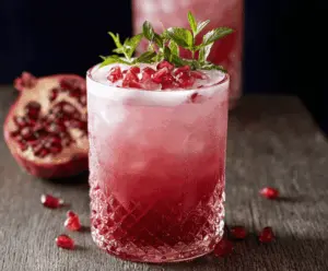 Refreshing Pomegranate Gin Fizz cocktail garnished with fresh pomegranate seeds and mint in a clear glass.
