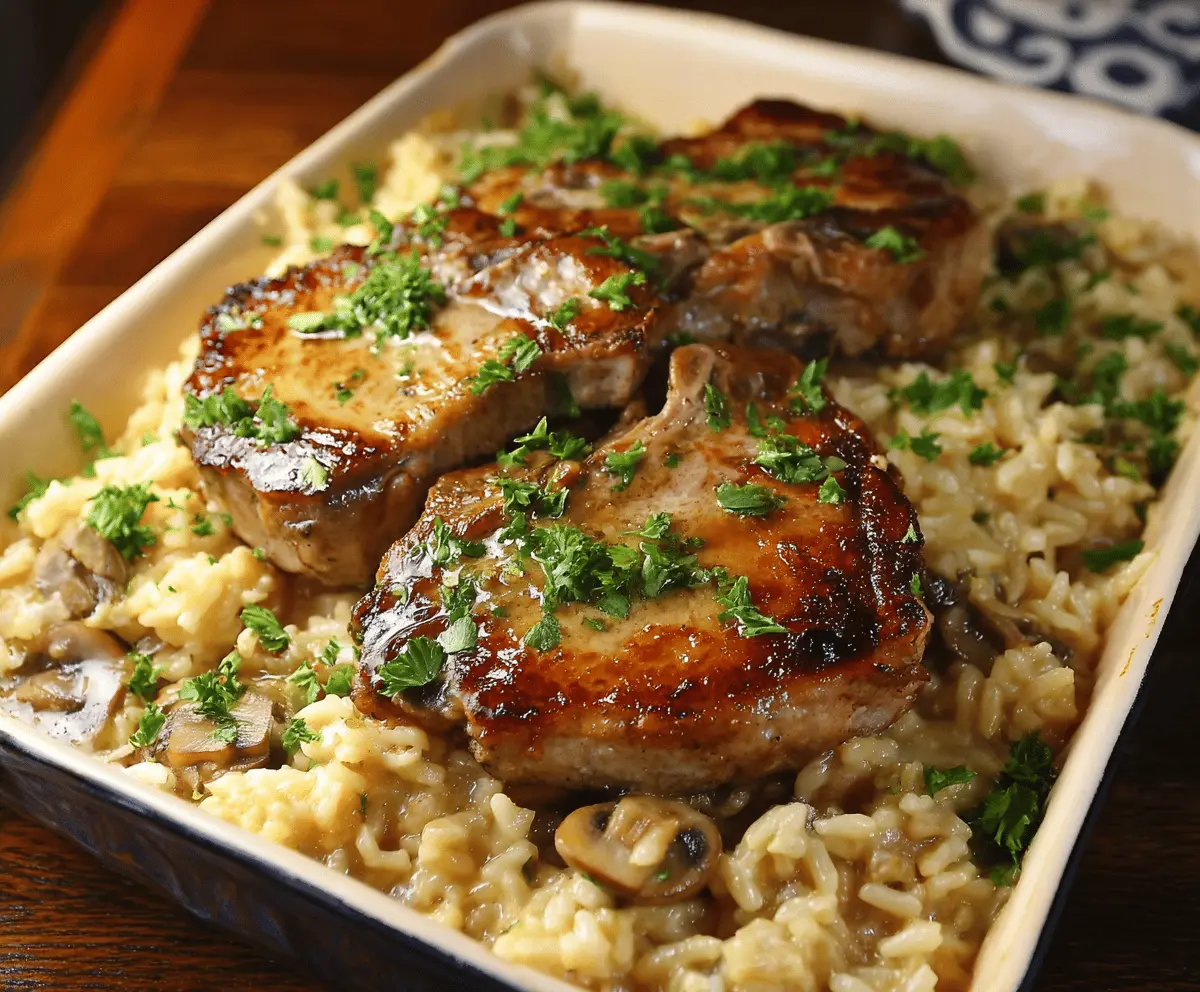 Delicious pork chops and rice casserole served on a plate with fresh herbs.