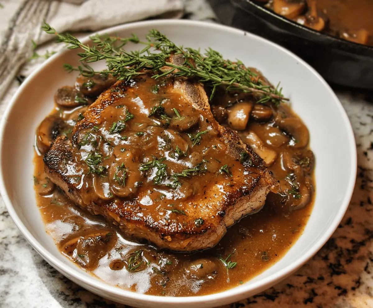 Juicy pork chops topped with rich brown gravy served on a dinner plate.