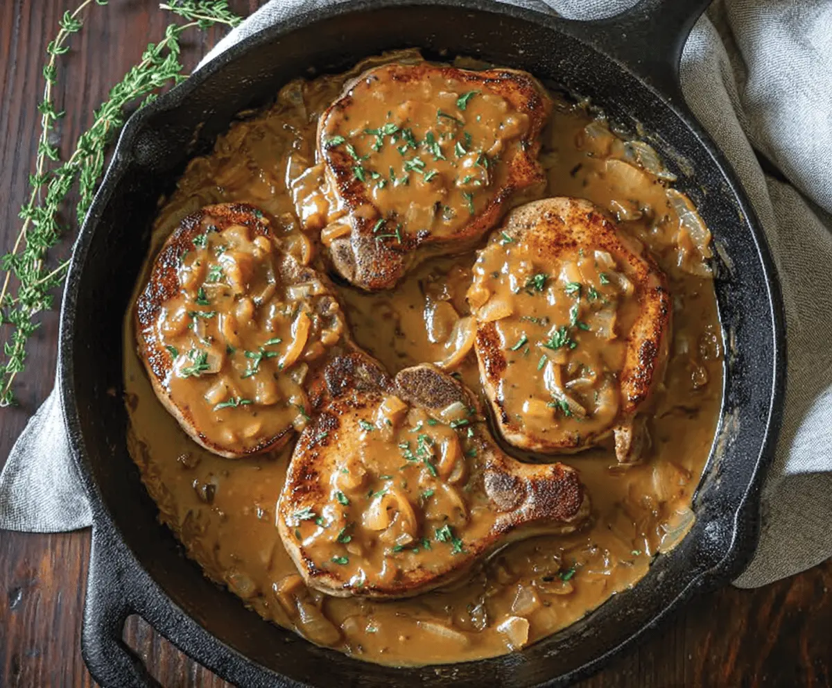 Delicious pork chops served with savory onion gravy on a plate.