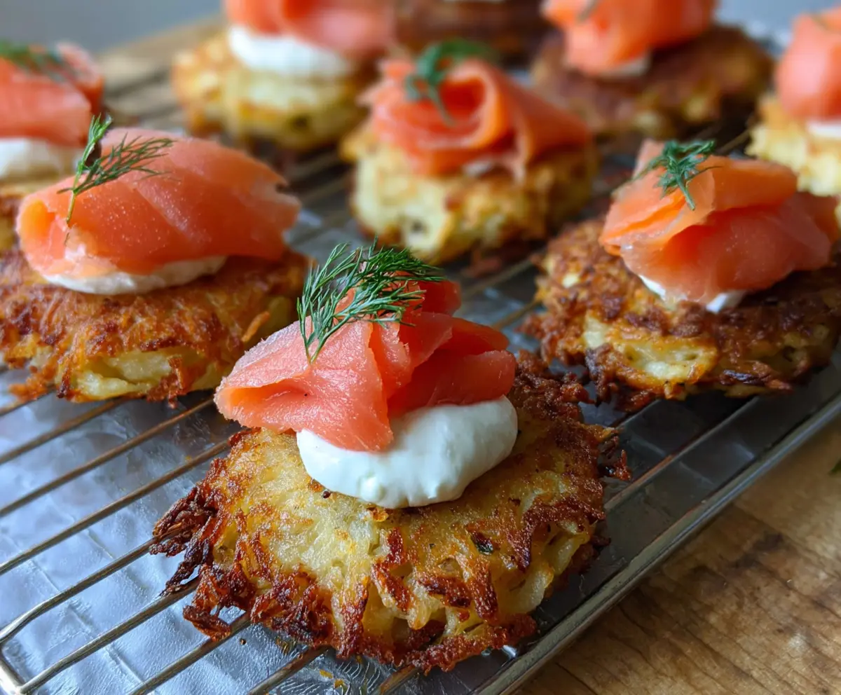 Delicious potato latke bites topped with smoked salmon and fresh herbs, perfect for appetizer platters.