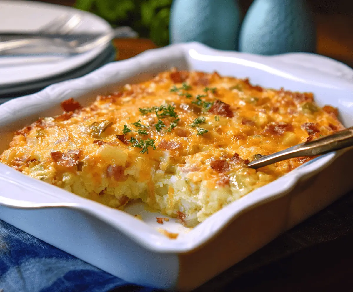 Delicious Potatoes O'Brien Breakfast Casserole with melted cheese and vegetables ready to serve.