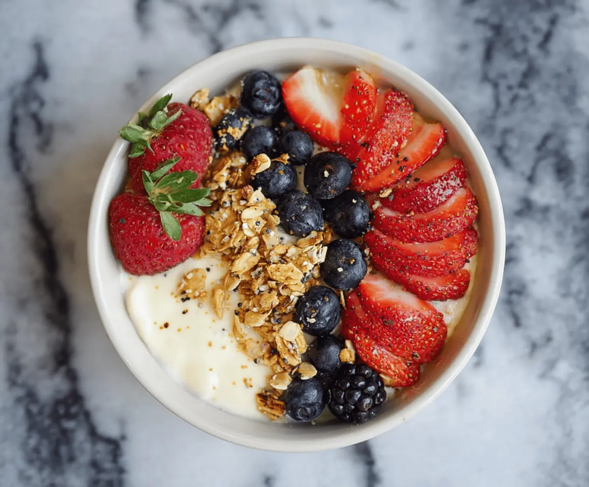 Healthy protein yogurt bowl with fresh berries and granola for a nutritious breakfast option.