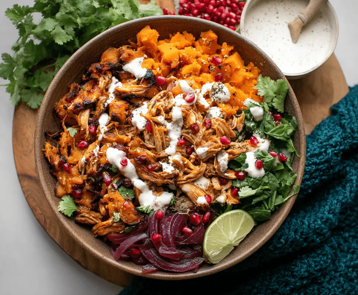 Delicious pulled chicken sweet potato bowls topped with fresh herbs and colorful vegetables.