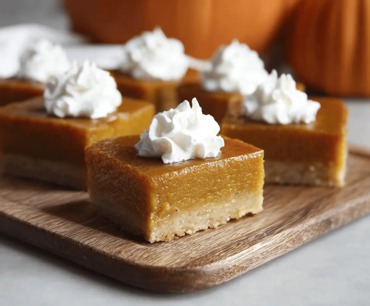 Delicious homemade pumpkin pie bars with a golden crust and spiced pumpkin filling, perfect for fall desserts.