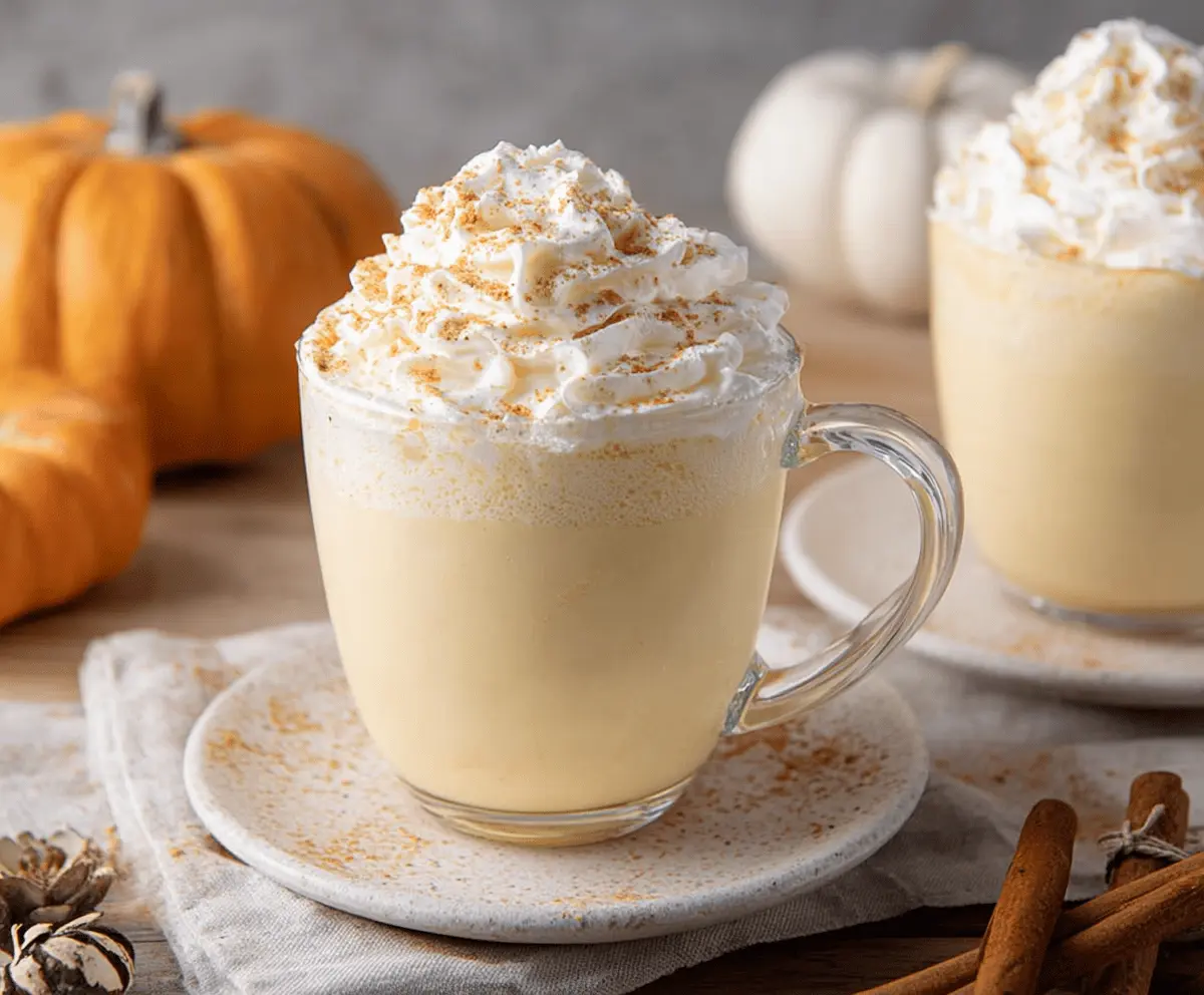 Creamy pumpkin white hot chocolate garnished with whipped cream and a cinnamon stick in a cozy mug.