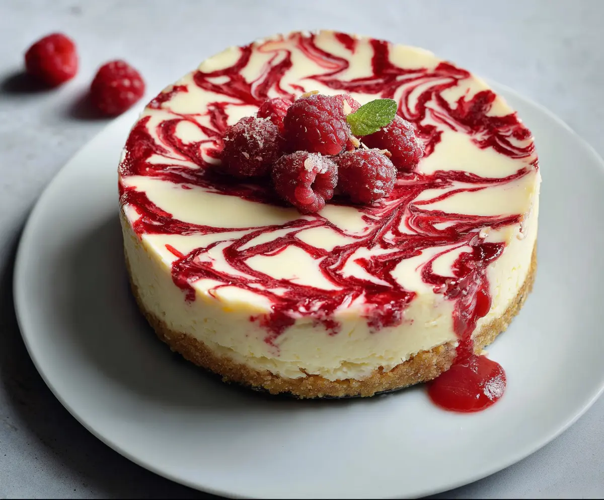 Delicious Raspberry Almond Cheesecake topped with fresh raspberries and sliced almonds