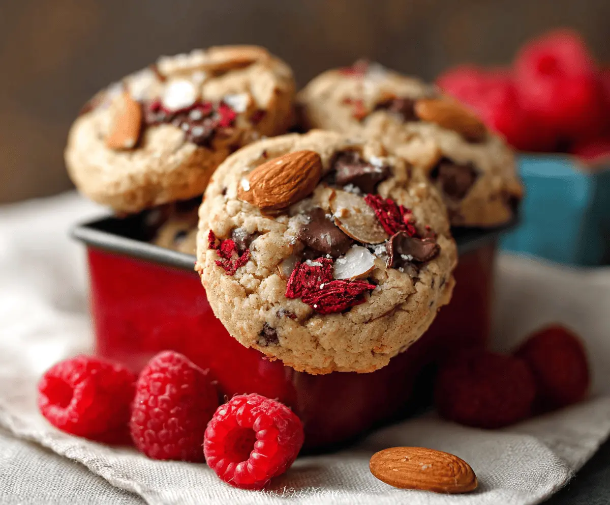 Delicious Raspberry Almond Cookies topped with freeze-dried berries, showcasing vibrant red and nutty textures.