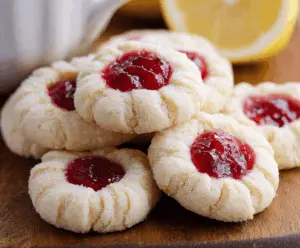 Delicious Raspberry and Lemon Thumbprint Cookies on a platter, showcasing vibrant red raspberry filling and zesty lemon flavor.