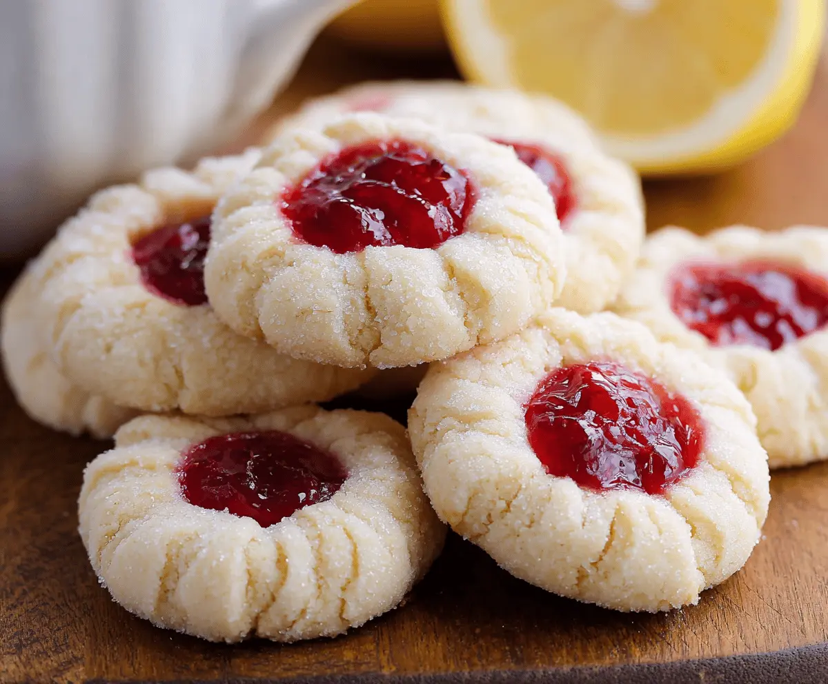 Delicious Raspberry and Lemon Thumbprint Cookies on a platter, showcasing vibrant red raspberry filling and zesty lemon flavor.