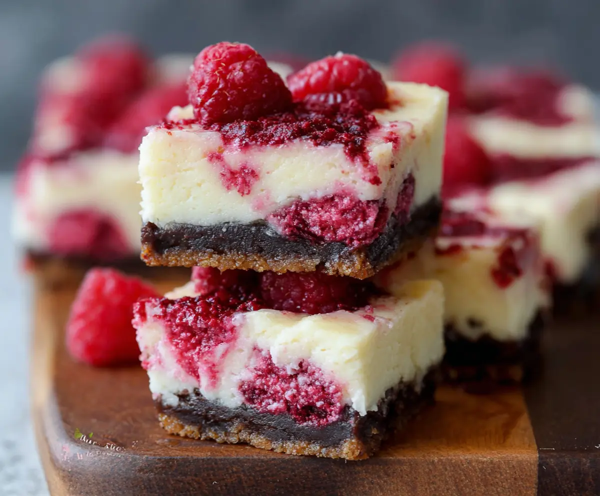 Delicious raspberry cheesecake bars with a creamy filling and fresh raspberry topping