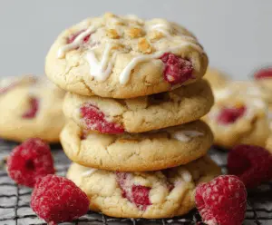 Delicious raspberry cheesecake cookies with a golden crust and creamy filling on a white plate.