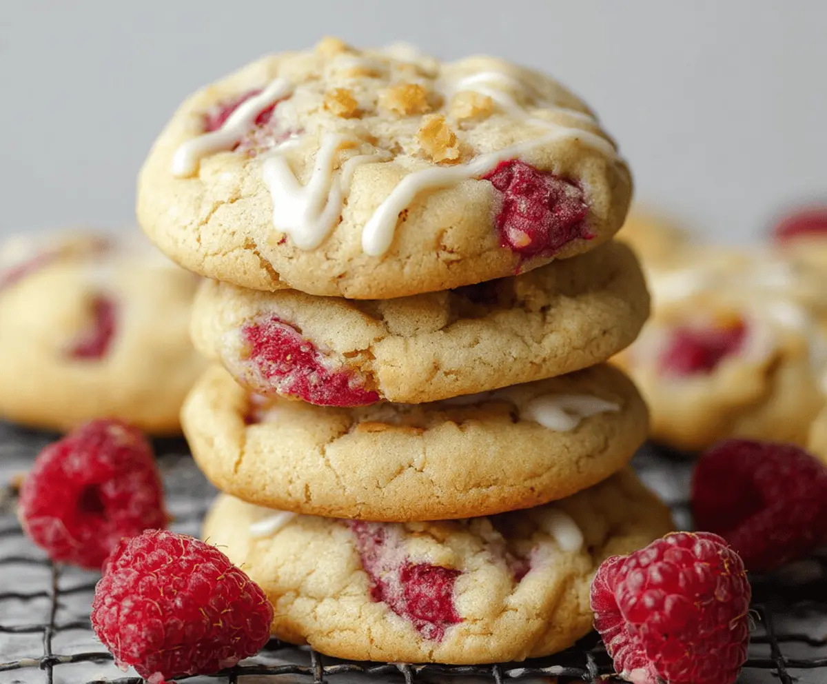 Delicious raspberry cheesecake cookies with a golden crust and creamy filling on a white plate.
