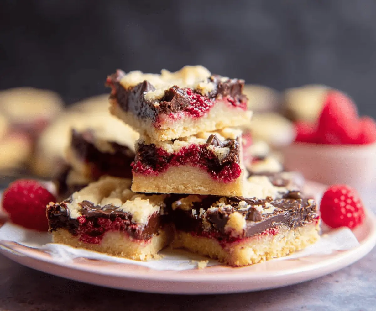 Delicious raspberry chocolate chip shortbread bars with a golden crust and vibrant raspberry filling.