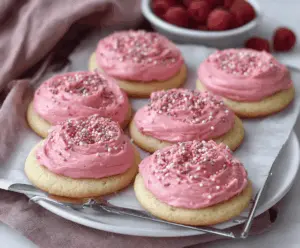 Delicious Raspberry Frosted Sugar Cookies with vibrant pink icing and sugar sprinkles