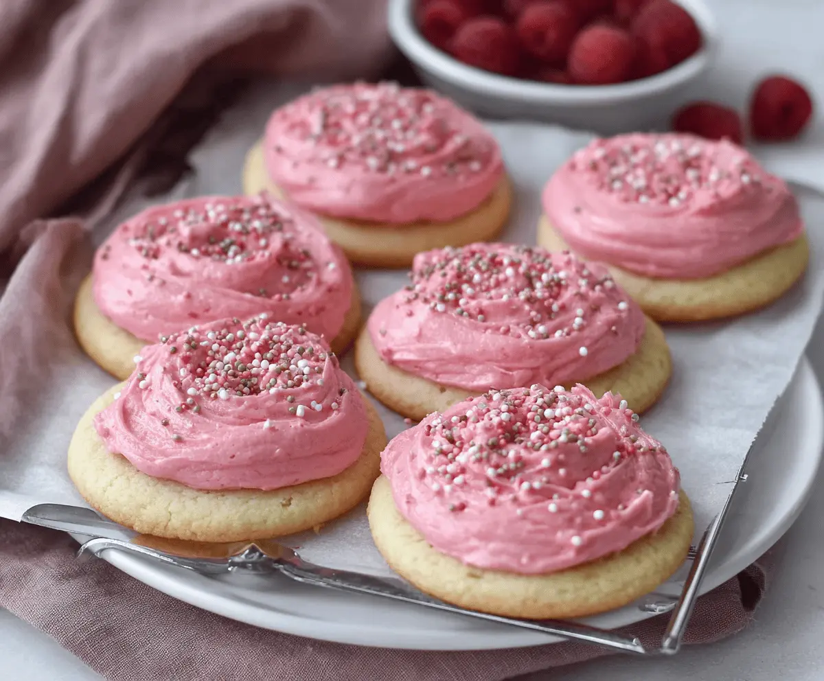 Delicious Raspberry Frosted Sugar Cookies with vibrant pink icing and sugar sprinkles